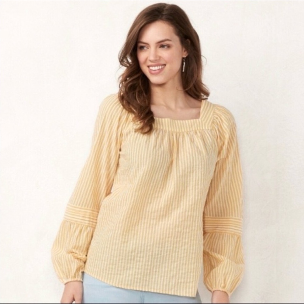 🔥 Lauren Conrad Soft Yellow Striped Peasant Blouse